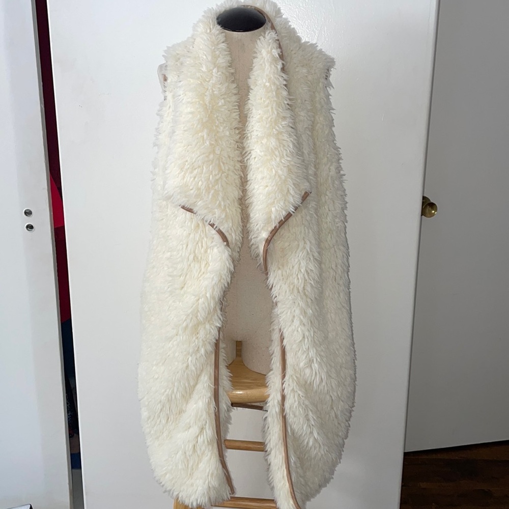 Ivory shaggy long duster open sleeveless vest
